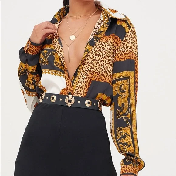 PLT Black Leopard Print Satin Oversized Shirt - Picture 1 of 5